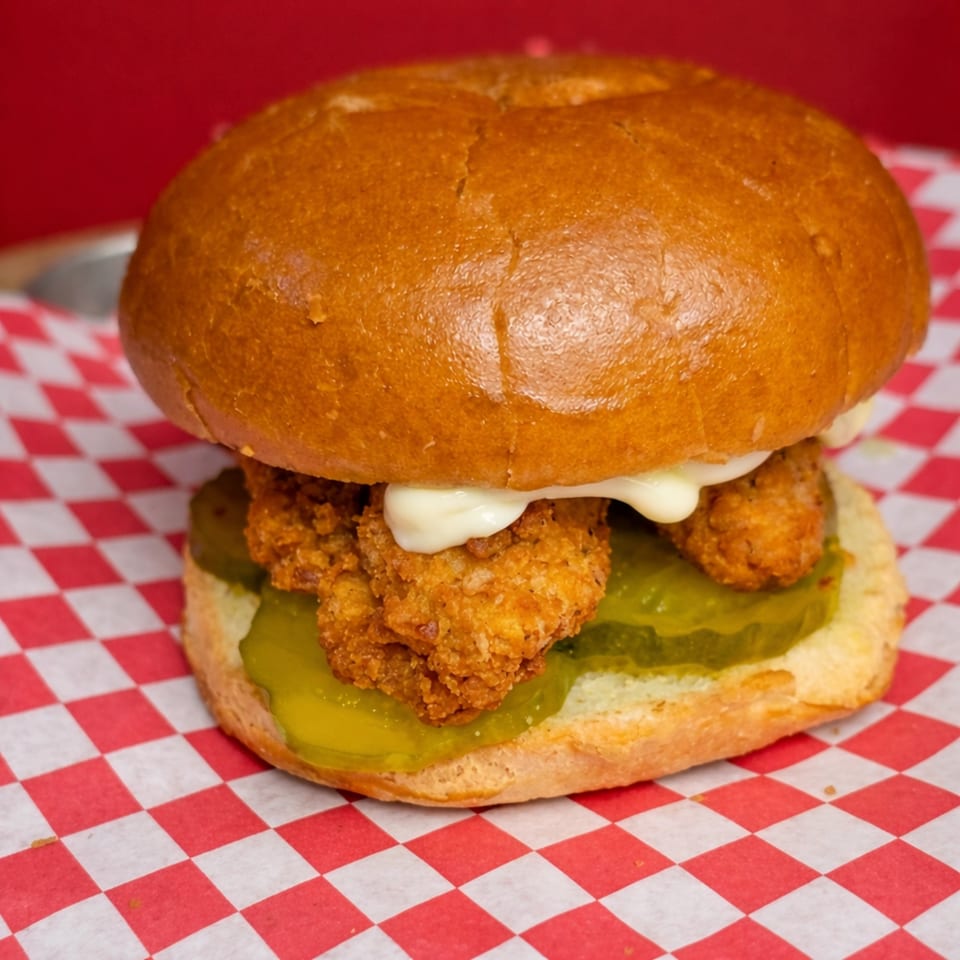 Crispy fried chicken sandwich with pickles and mayonnaise on a brioche bun, on red and white checkered paper.