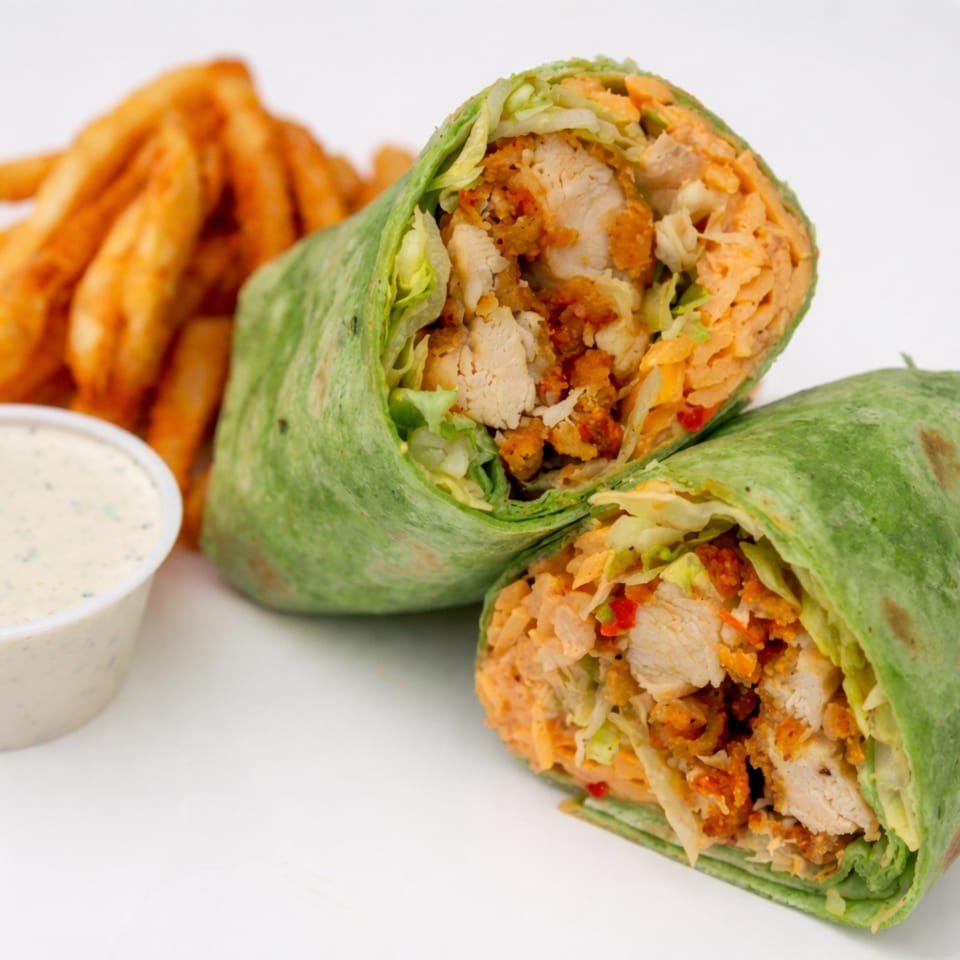 Chicken wrap cut in half, revealing chicken, lettuce, and cheese, with fries and dipping sauce.