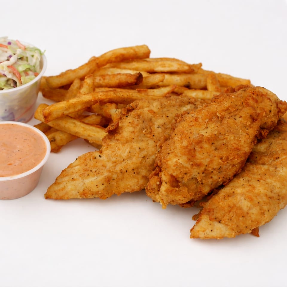 Crispy fried chicken tenders, golden french fries, coleslaw, and dipping sauce on a white background.